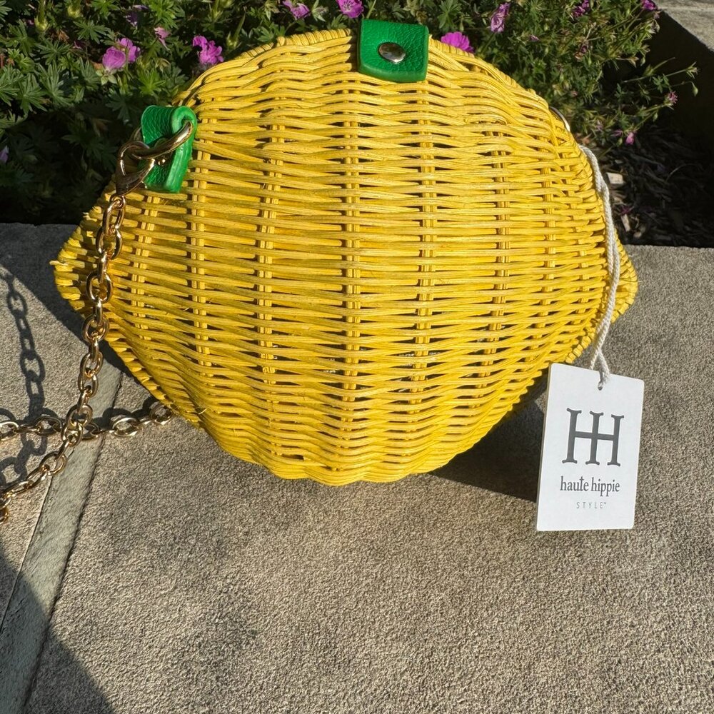 NWT HAUTE HIPPIE LEMON WICKER CROSSBODY BAG CLUTCH PURSE YELLOW